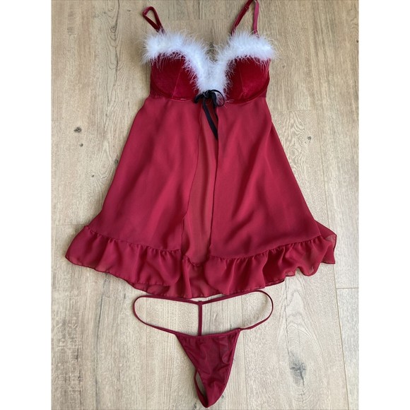 Inner Secrets Red Santa Baby Boa Trim Babydoll Nightie Top Thong Lingerie Size S - Picture 1 of 9